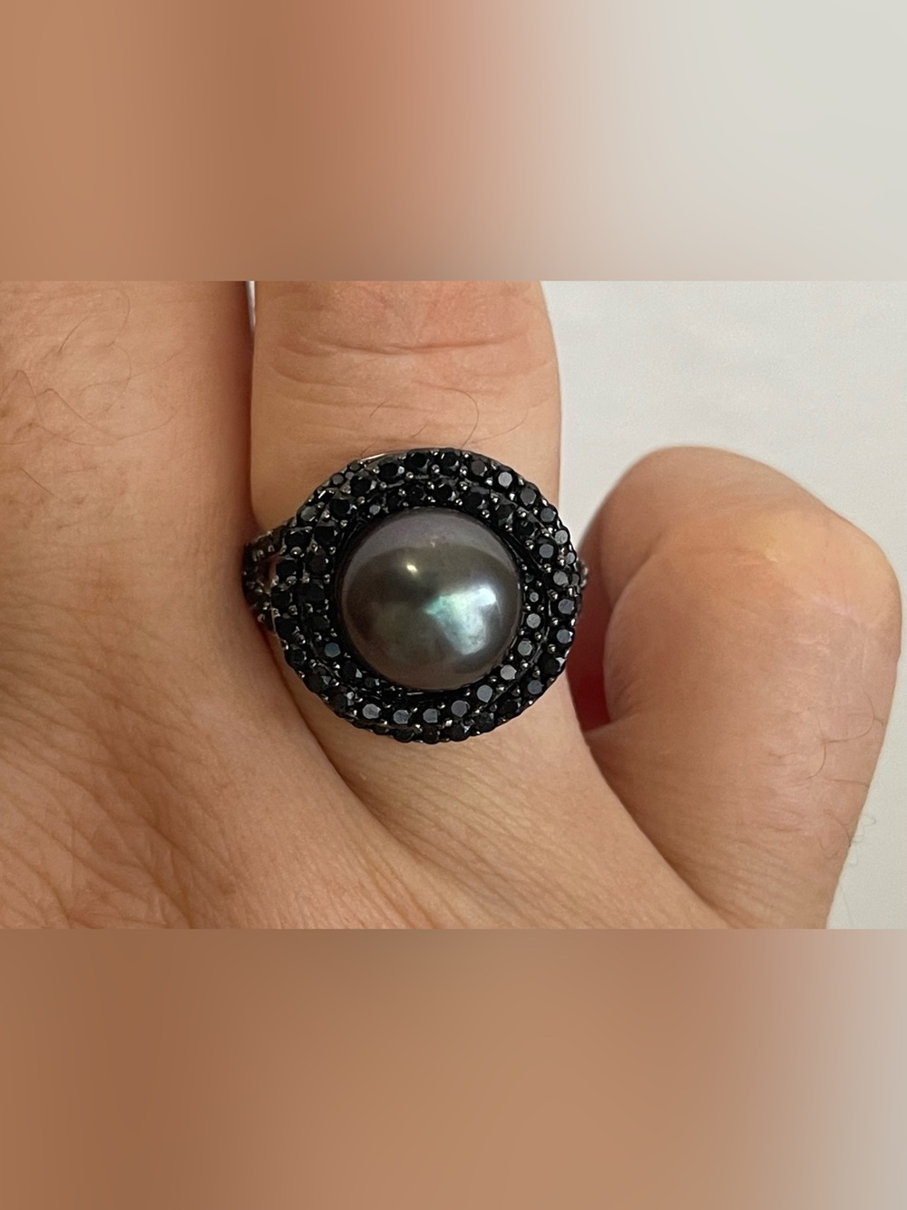 Black gray freshwater Pearl Halo Ring. Sterling silver 925, size: 7.25-7.5